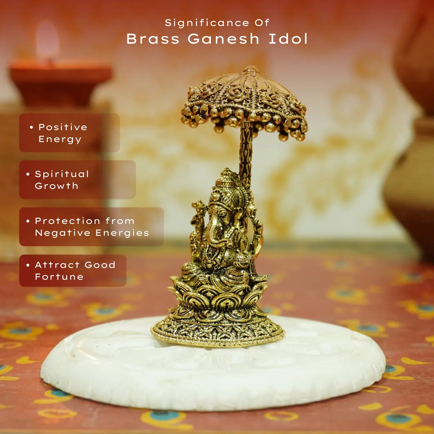 Upharkaro Brass Lord Ganesha Idol with Umbrella 6.5 cm Mini Ganpati Bappa Murti Sitting on Lotus for Home Temple Office Desk & Car Dashboard Upharkaro
