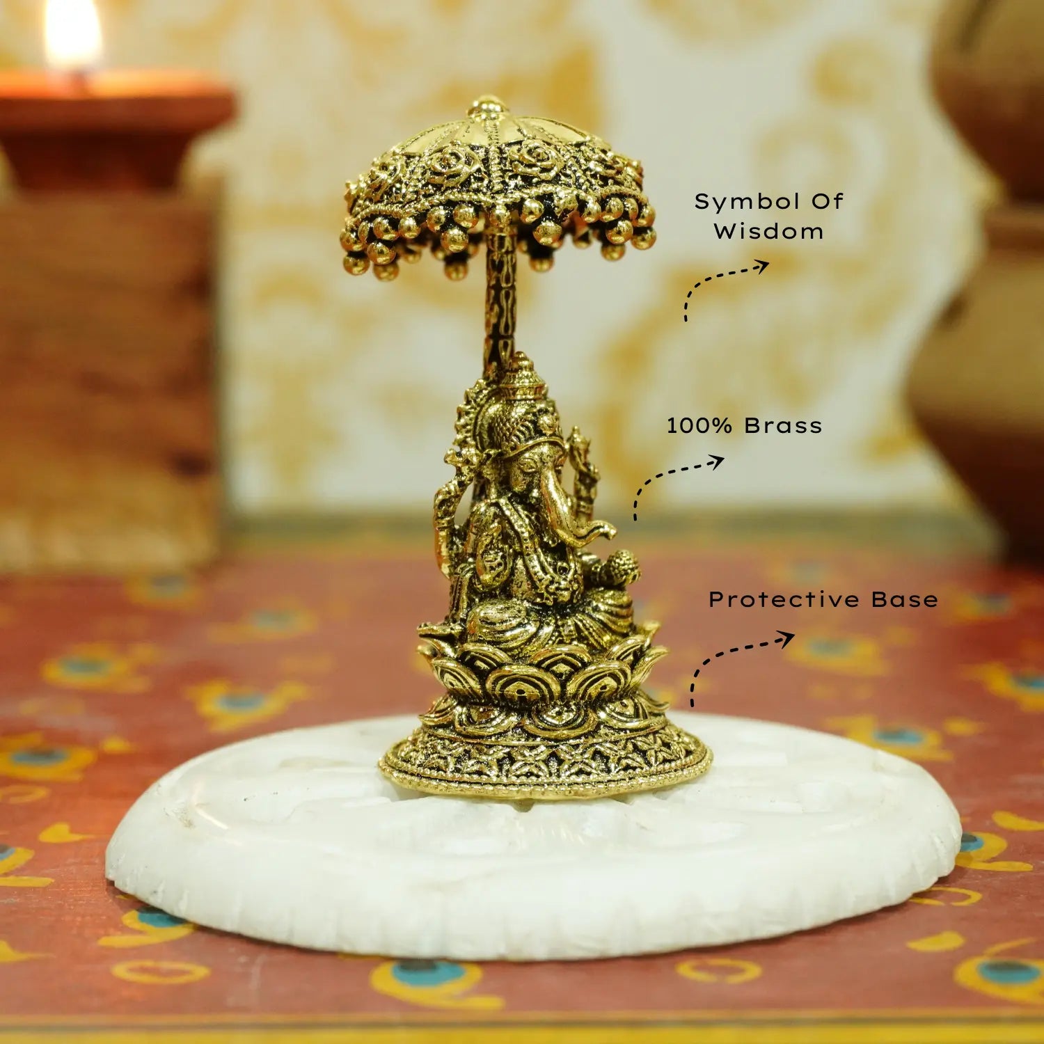 Upharkaro Brass Lord Ganesha Idol with Umbrella 6.5 cm Mini Ganpati Bappa Murti Sitting on Lotus for Home Temple Office Desk & Car Dashboard Upharkaro