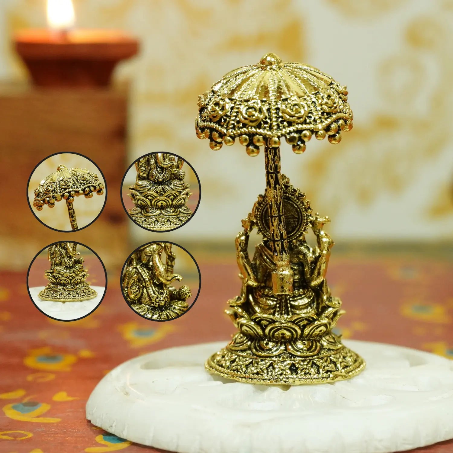 Upharkaro Brass Lord Ganesha Idol with Umbrella 6.5 cm Mini Ganpati Bappa Murti Sitting on Lotus for Home Temple Office Desk & Car Dashboard Upharkaro