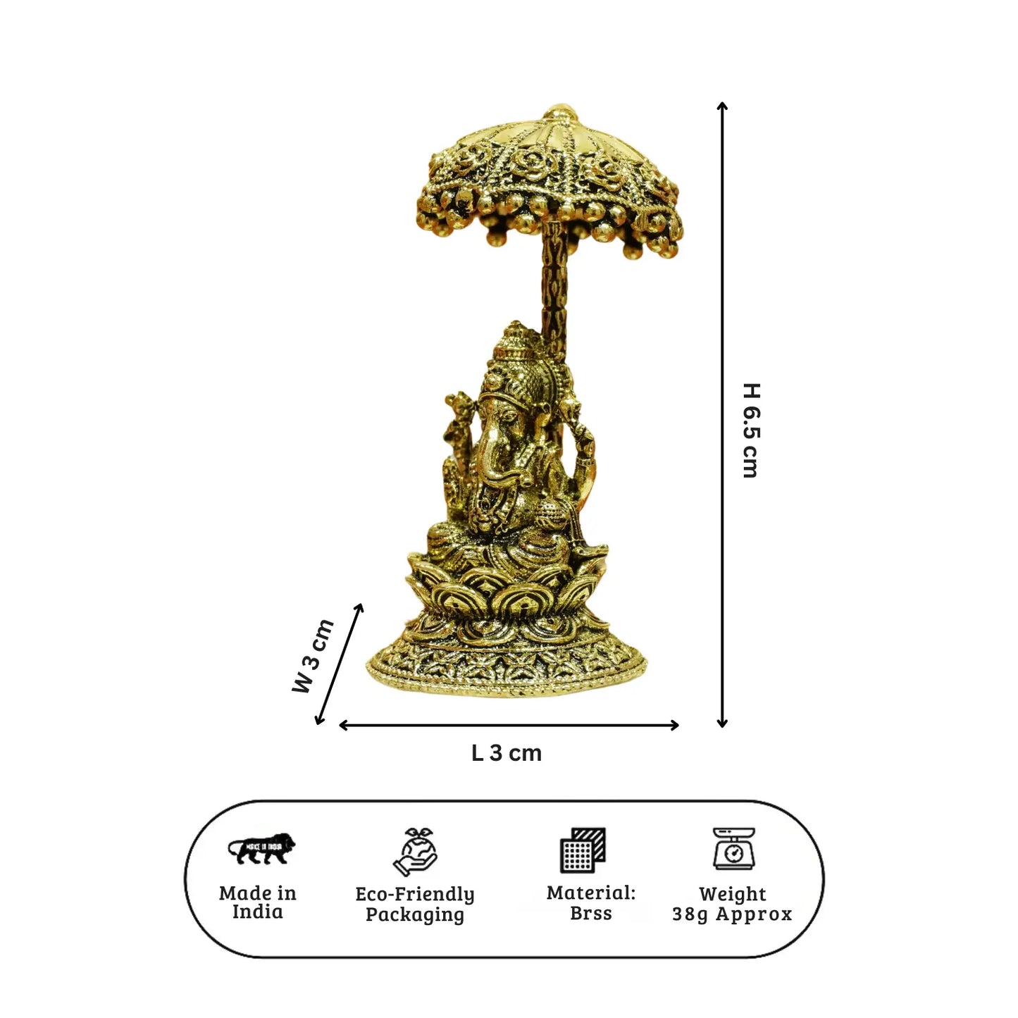 Upharkaro Brass Lord Ganesha Idol with Umbrella 6.5 cm Mini Ganpati Bappa Murti Sitting on Lotus for Home Temple Office Desk & Car Dashboard Upharkaro