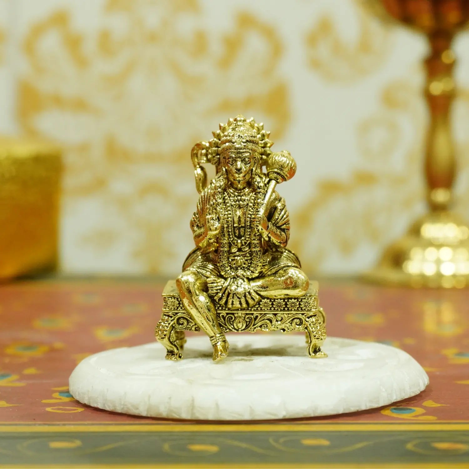 Upharkaro Brass Lord Hanuman Idol 5 cm Mini Bajrangbali Statue Sitting with Gada on Decorative Chowki for Home Temple Car Dashboard & Office Desk Upharkaro