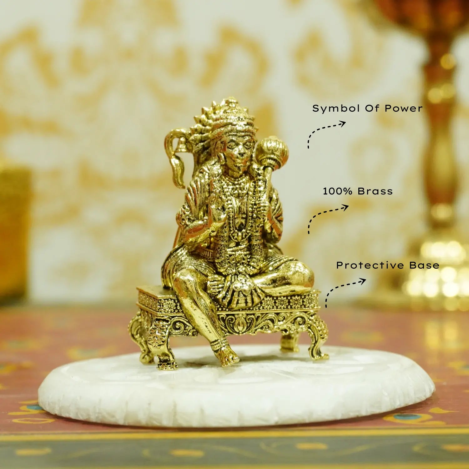 Upharkaro Brass Lord Hanuman Idol 5 cm Mini Bajrangbali Statue Sitting with Gada on Decorative Chowki for Home Temple Car Dashboard & Office Desk Upharkaro