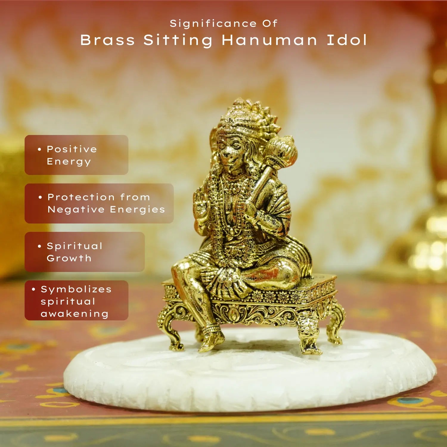Upharkaro Brass Lord Hanuman Idol 5 cm Mini Bajrangbali Statue Sitting with Gada on Decorative Chowki for Home Temple Car Dashboard & Office Desk Upharkaro