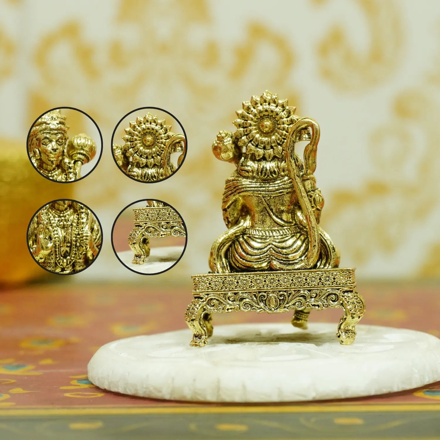 Upharkaro Brass Lord Hanuman Idol 5 cm Mini Bajrangbali Statue Sitting with Gada on Decorative Chowki for Home Temple Car Dashboard & Office Desk Upharkaro