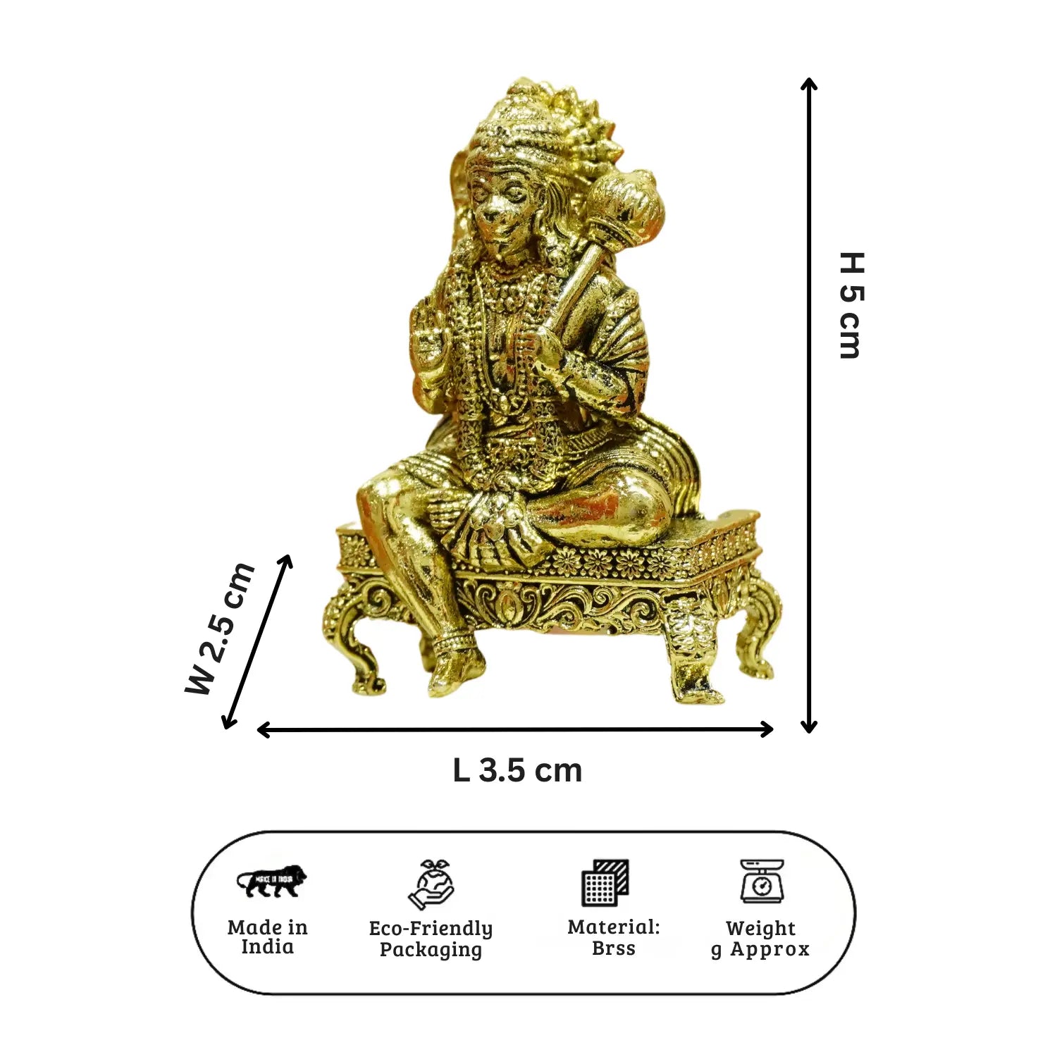 Upharkaro Brass Lord Hanuman Idol 5 cm Mini Bajrangbali Statue Sitting with Gada on Decorative Chowki for Home Temple Car Dashboard & Office Desk Upharkaro