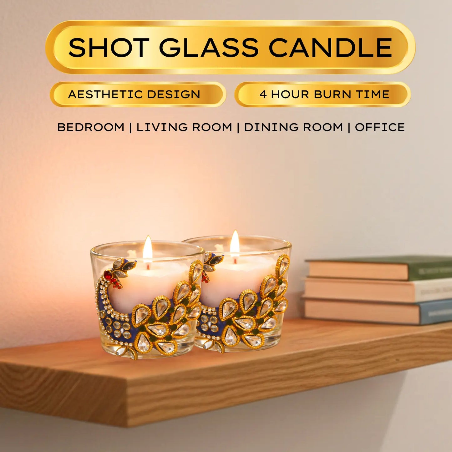 Two shot glass candles with decorative holders on a wooden shelf, with text about their design and burn time.