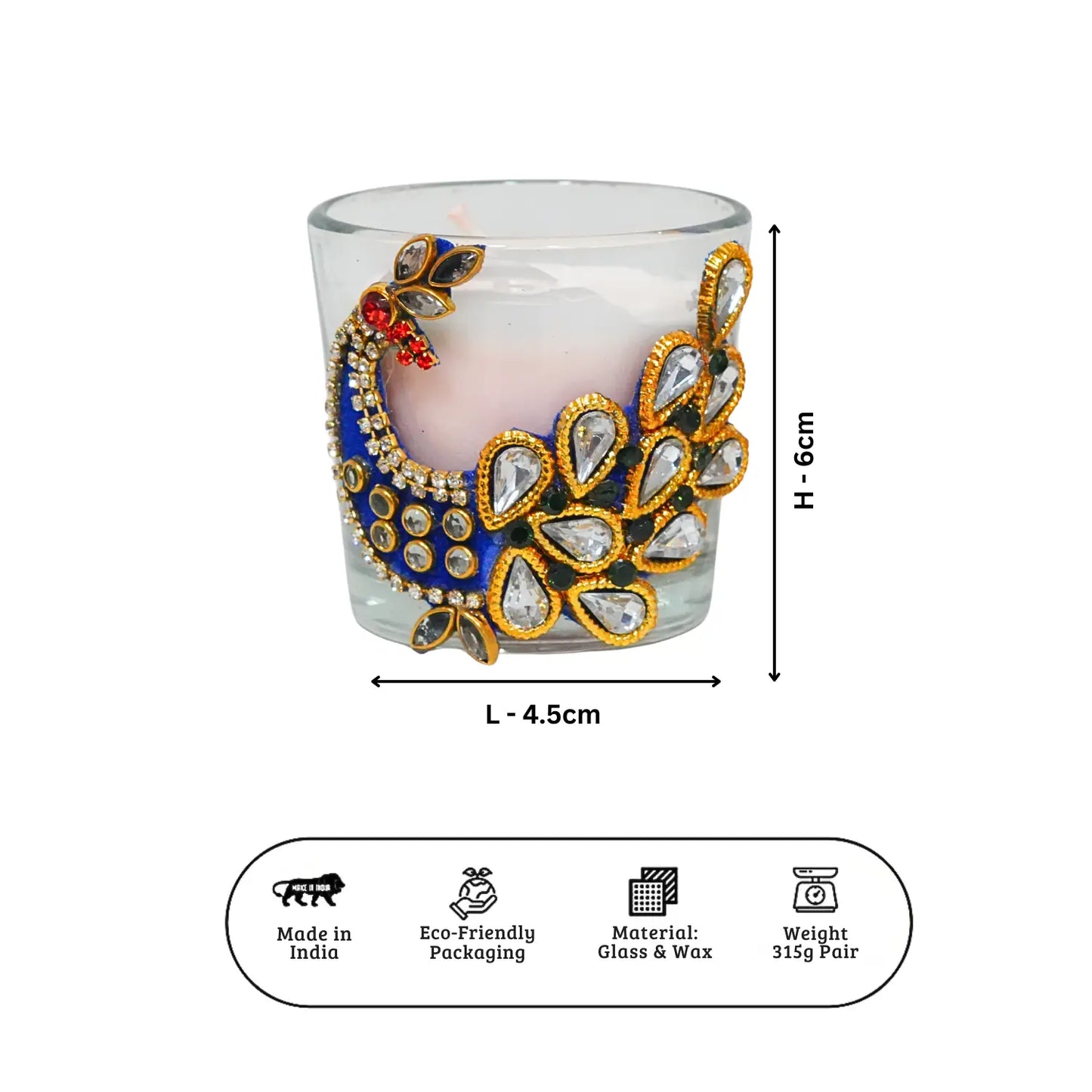 Decorative candle with peacock design and measurements on a white background