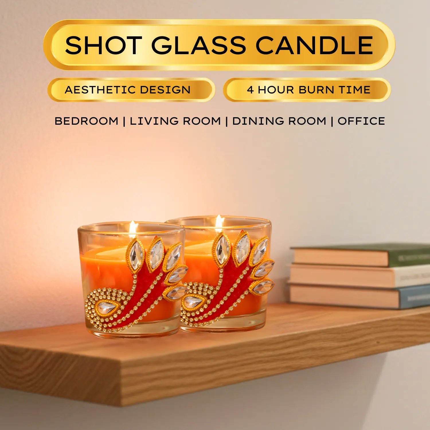 Two shot glass candles with decorative elements on a wooden shelf, with text about design and burn time.