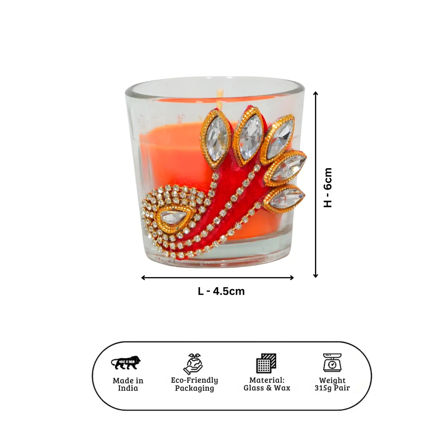 Decorative candle with gemstone design and measurements on a white background