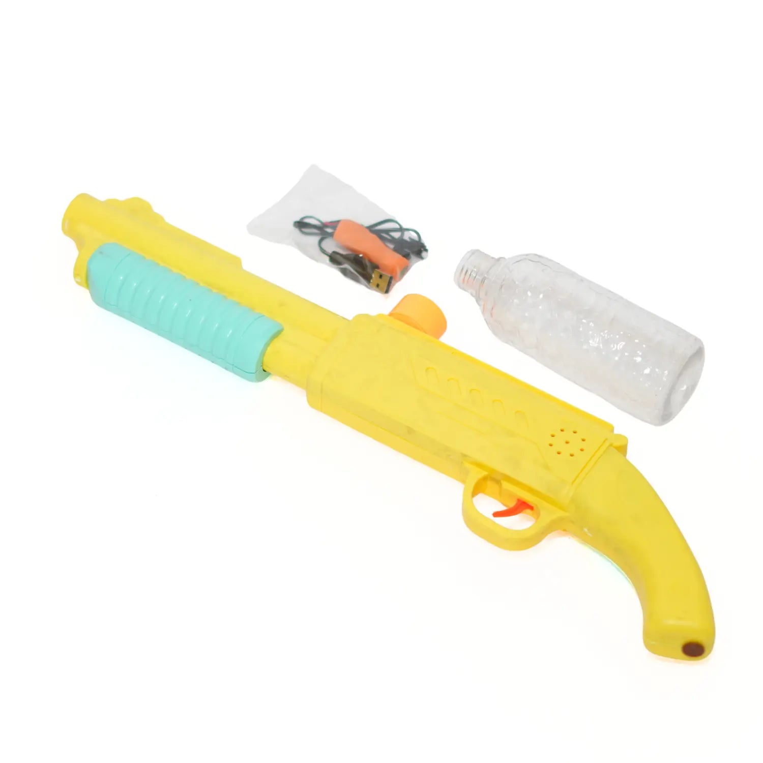 Yellow toy water gun with a green handle on a white background