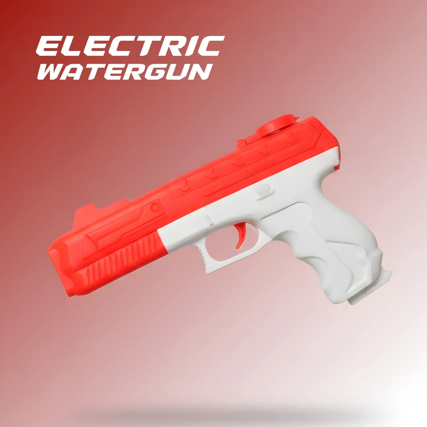 Red and white electric watergun on a gradient background with 'Electric Watergun' text.