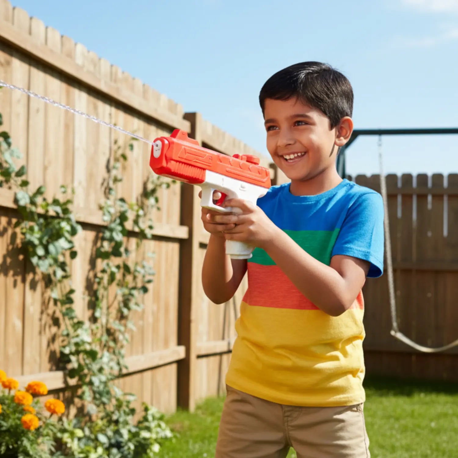 Child holding a water gun in a backyard setting