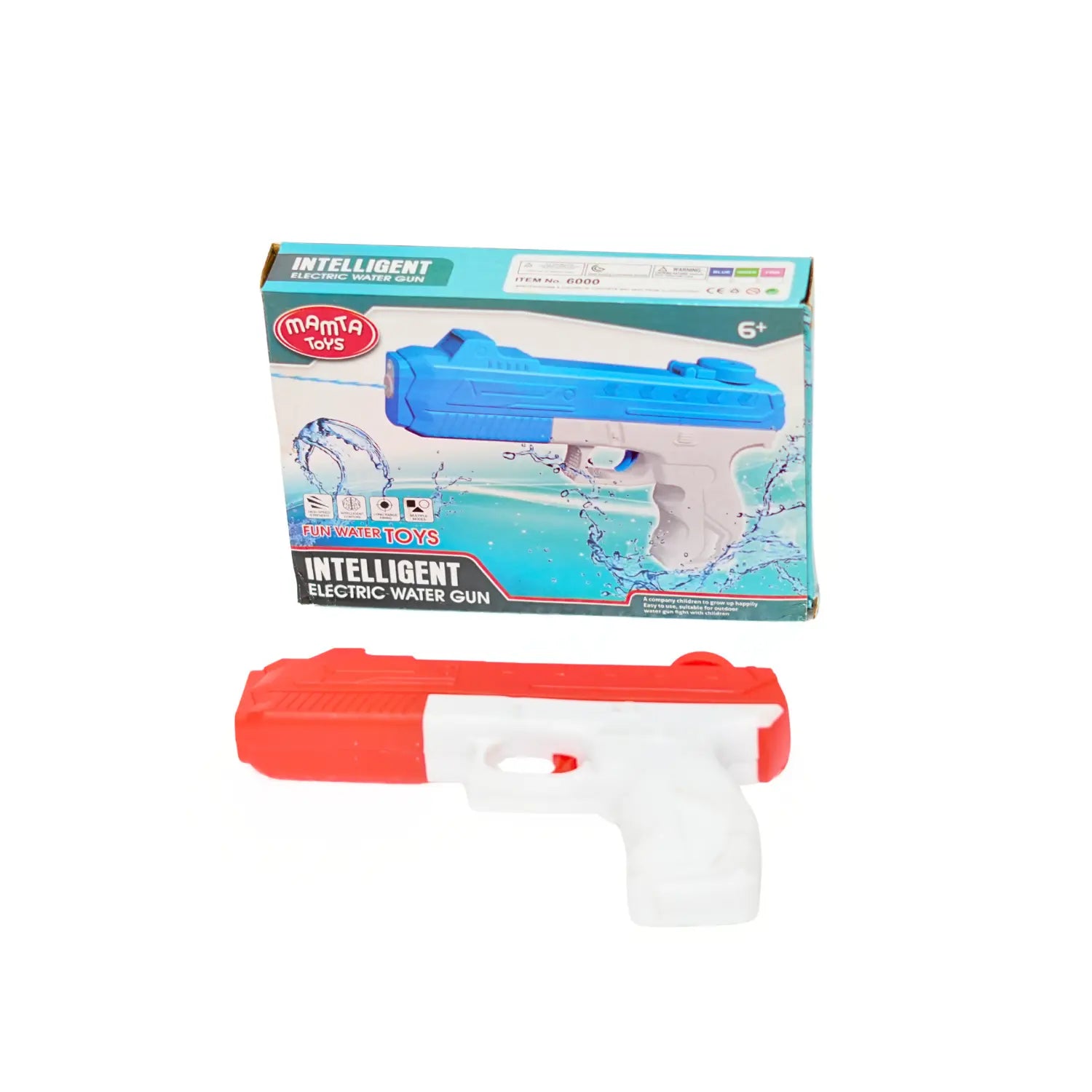 Red and white toy water gun in front of its packaging on a white background
