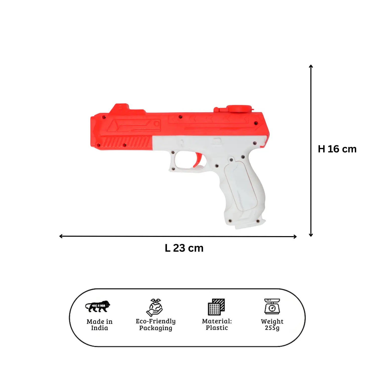 Red and white toy gun with dimensions and product details on a white background