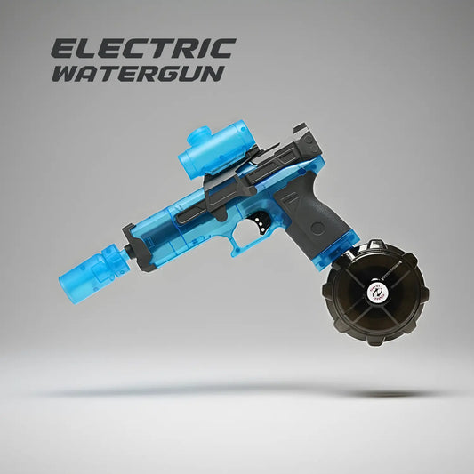 Blue and black electric watergun on a gray background with 'Electric Watergun' text.