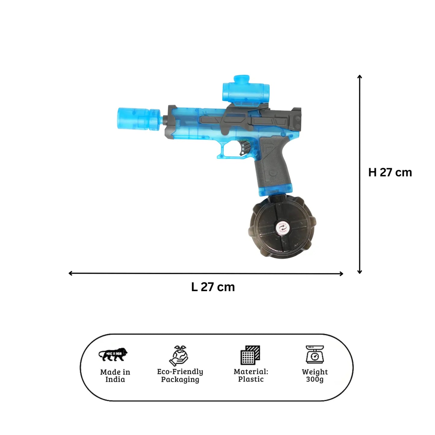 Toy gun with dimensions and product details on a white background