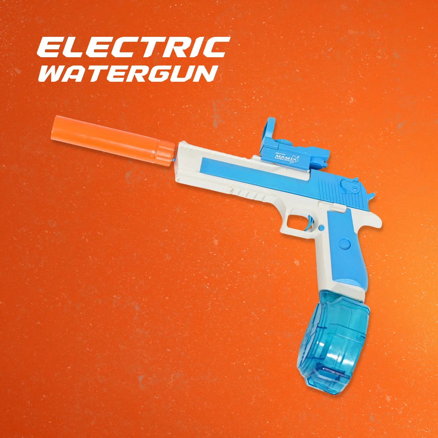 Blue and white electric watergun on an orange background with 'Electric Watergun' text.