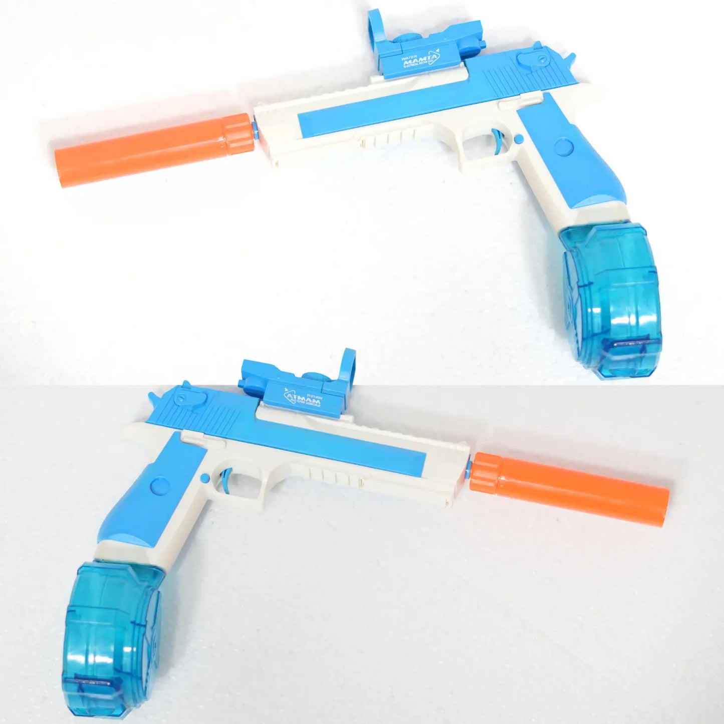 Toy gun with blue and orange design on a white background