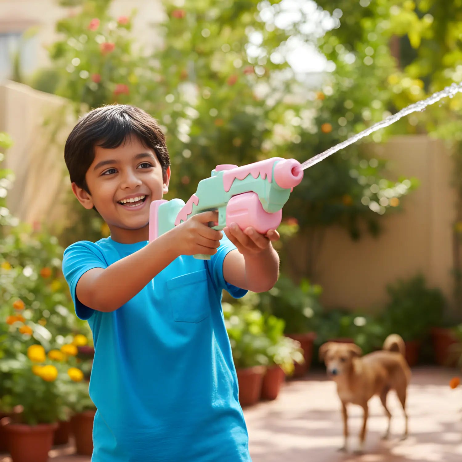 Child playing with a pink and green water gun in a garden