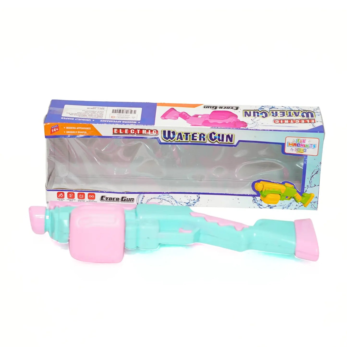 Toy water gun with packaging on a white background