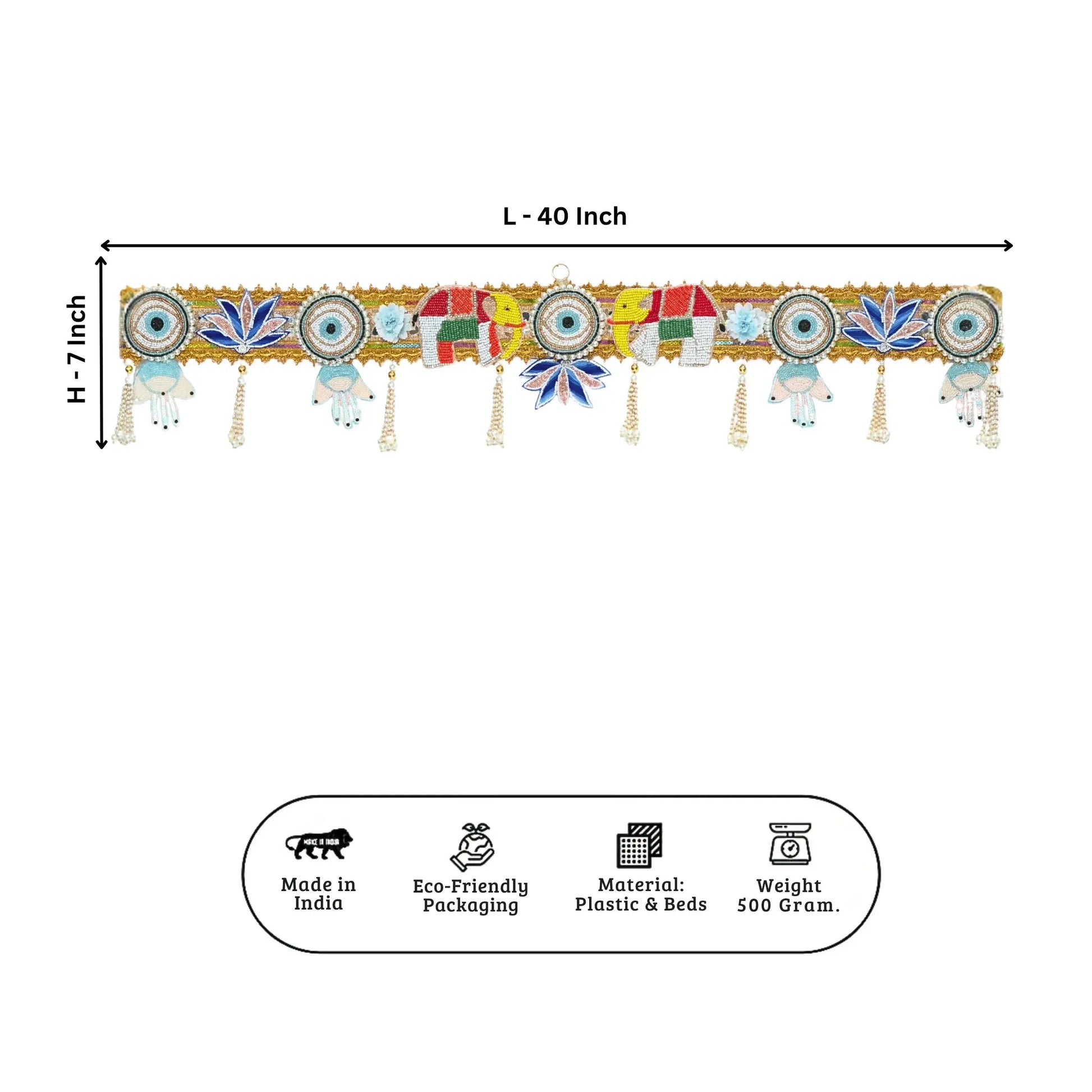 Decorative toran with measurements and product details on a white background