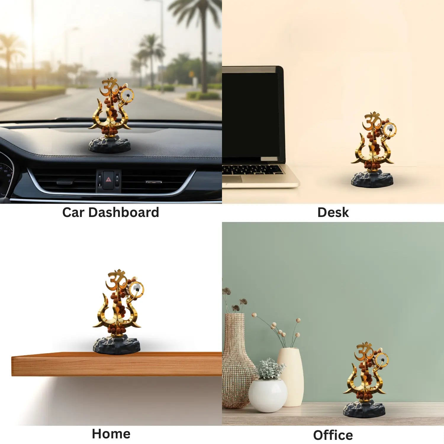 Decorative statue on car dashboard, desk, home shelf, and office setting.