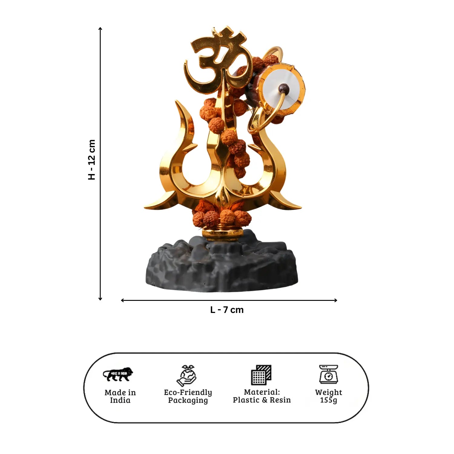 Decorative item with symbols on a white background, including dimensions and material information.