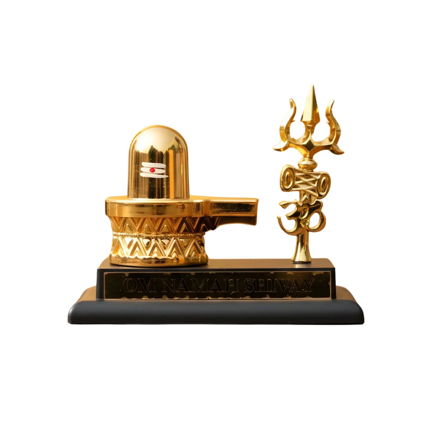 Gold-colored Shiva lingam and trident on a black base against a white background