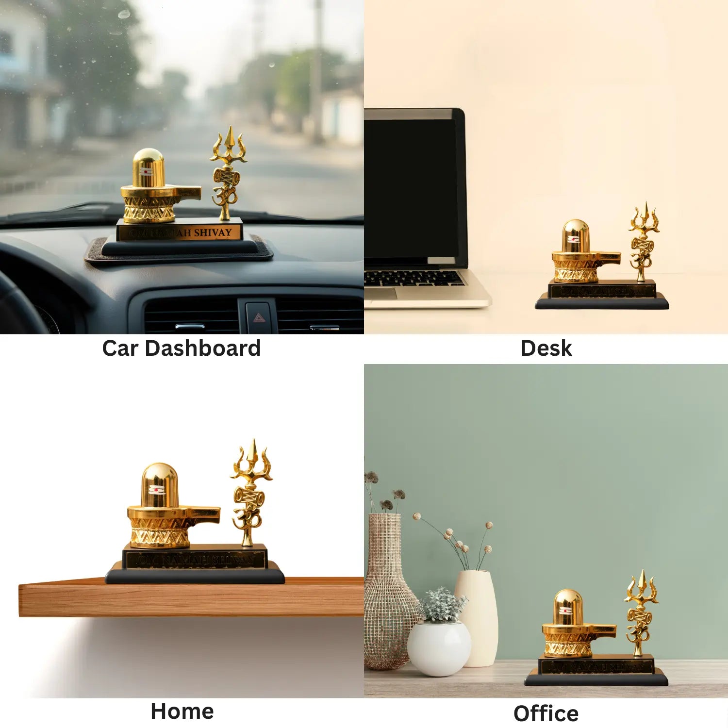 Decorative item on car dashboard, desk, home shelf, and office desk with different backgrounds.