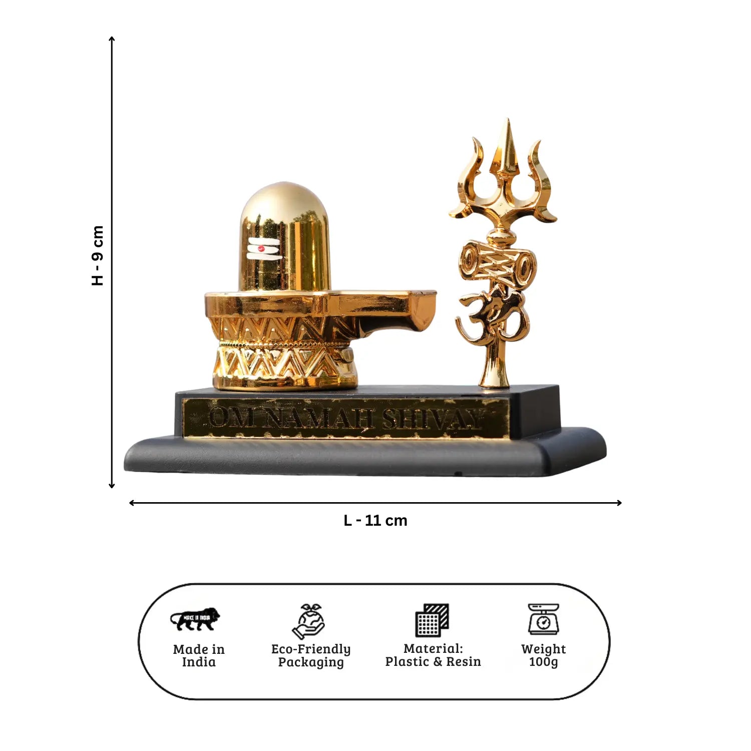 Decorative items on a black base with measurements and product details.