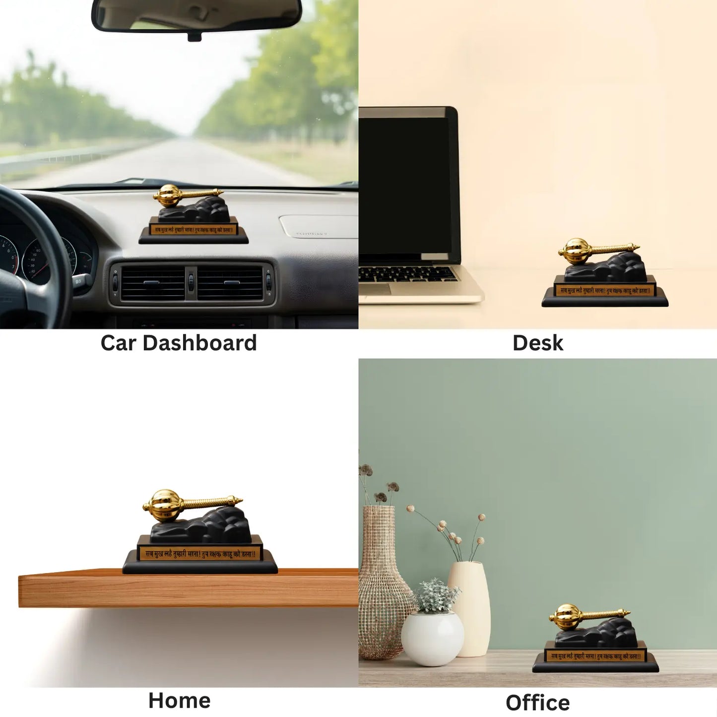 Decorative item on car dashboard, desk, home shelf, and office setting.