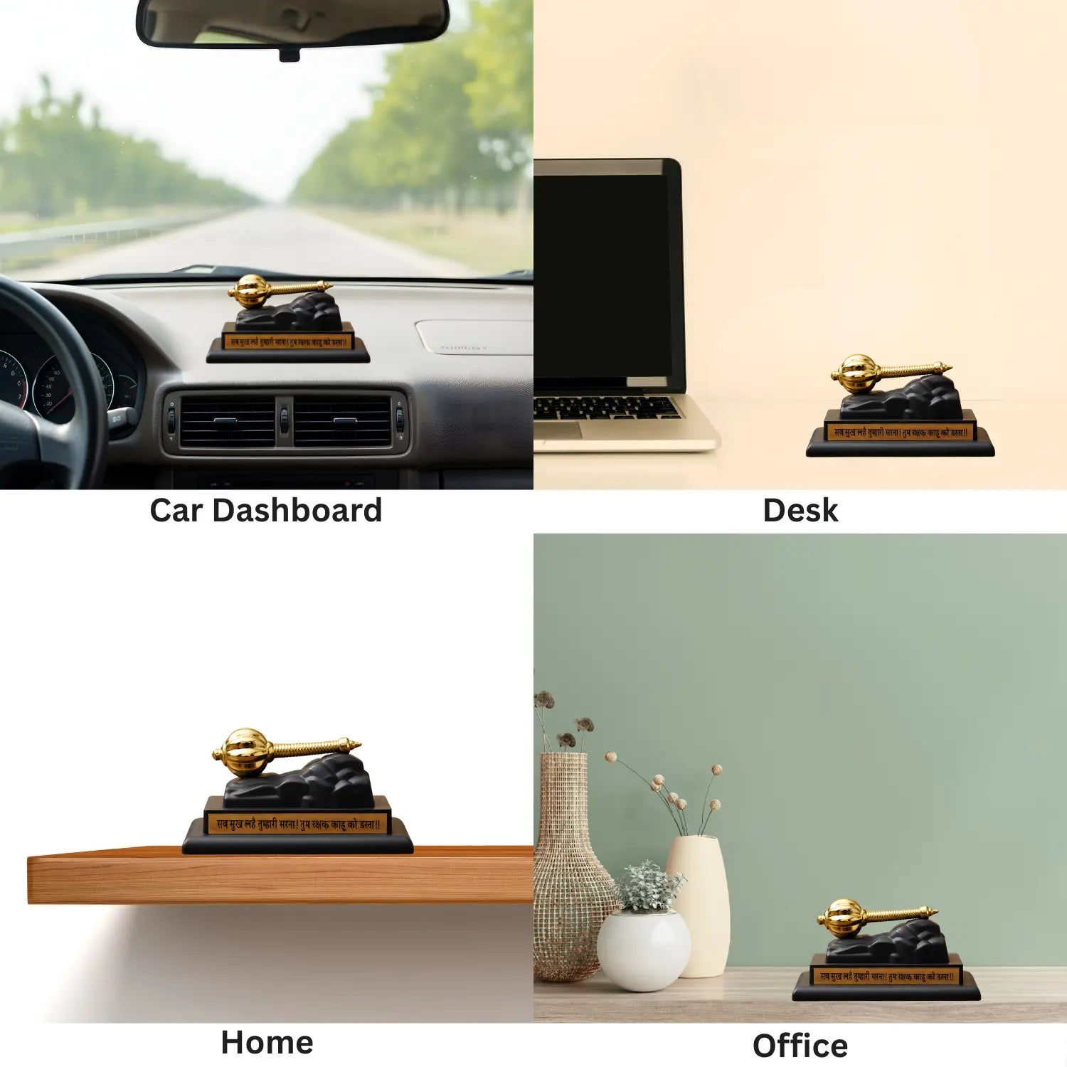 Decorative item on car dashboard, desk, home shelf, and office setting.