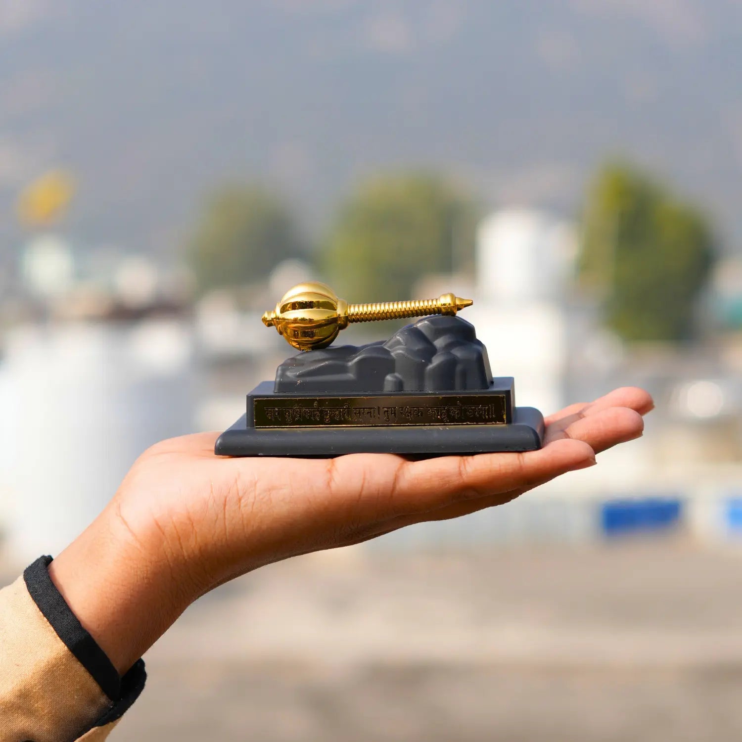 Hand holding a decorative object with a blurred outdoor background