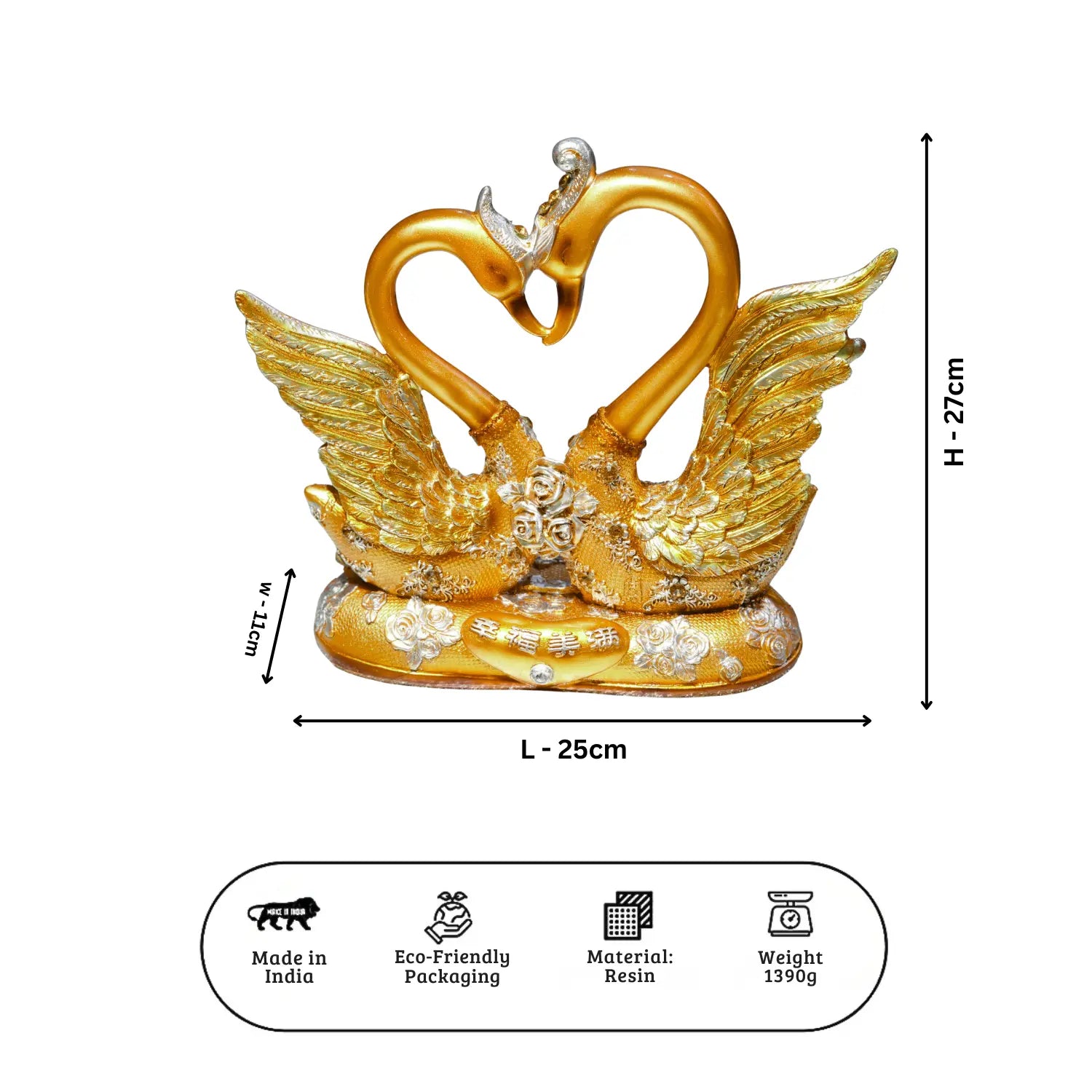 Gold swan figurine with heart-shaped neck, dimensions, and product details on a white background