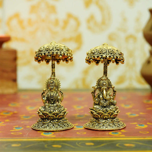 Upharkaro Handcrafted Brass Lakshmi Ganesha Idol Set with Decorative Umbrella Gold Finish Laxmi Ganesh Murti for Home Mandir Diwali Pooja & Spiritual Gift Upharkaro