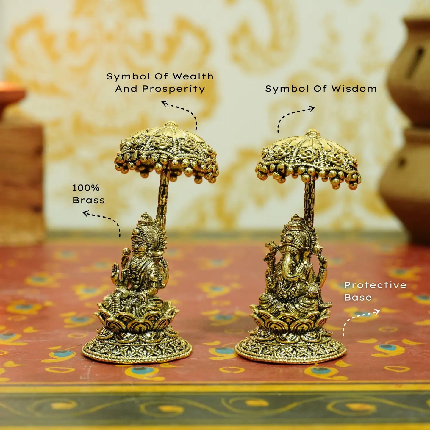 Upharkaro Handcrafted Brass Lakshmi Ganesha Idol Set with Decorative Umbrella Gold Finish Laxmi Ganesh Murti for Home Mandir Diwali Pooja & Spiritual Gift Upharkaro