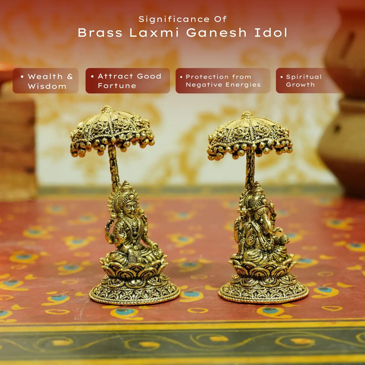 Upharkaro Handcrafted Brass Lakshmi Ganesha Idol Set with Decorative Umbrella Gold Finish Laxmi Ganesh Murti for Home Mandir Diwali Pooja & Spiritual Gift Upharkaro