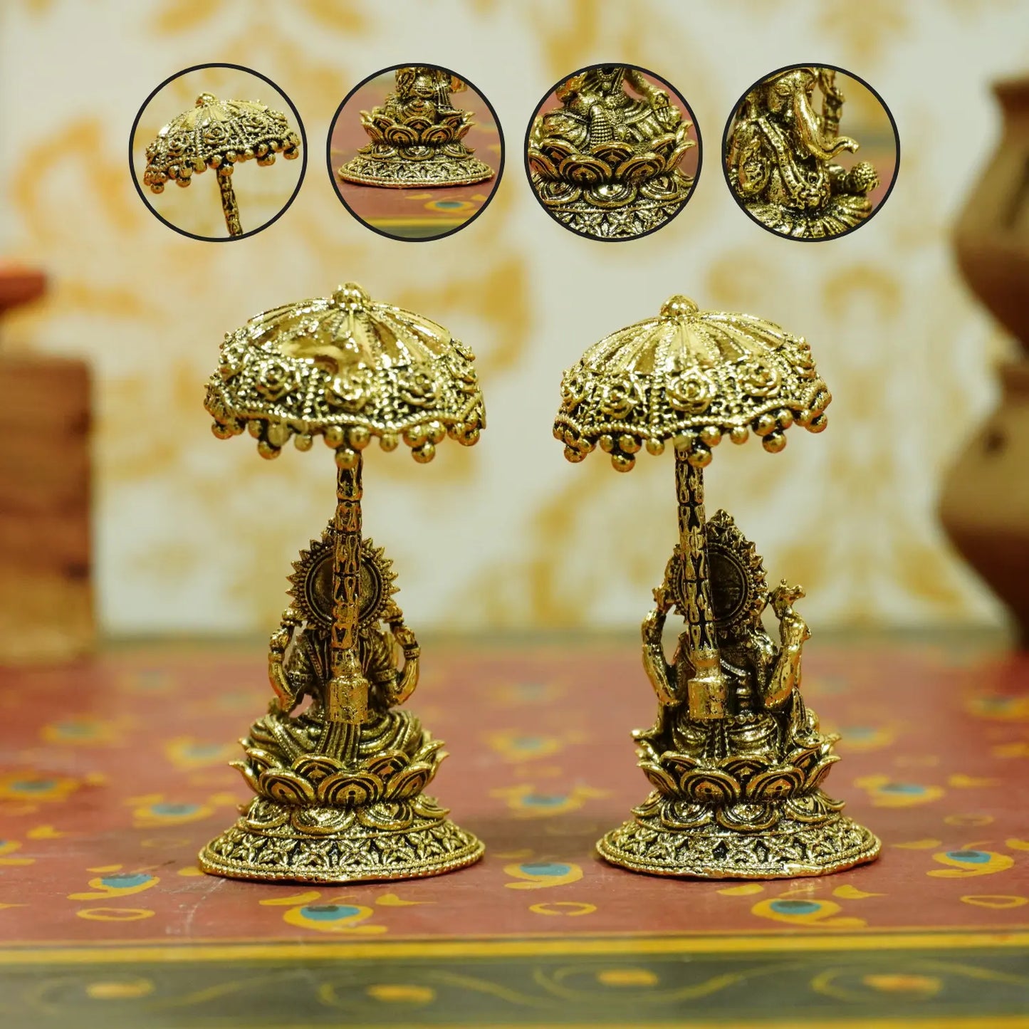 Upharkaro Handcrafted Brass Lakshmi Ganesha Idol Set with Decorative Umbrella Gold Finish Laxmi Ganesh Murti for Home Mandir Diwali Pooja & Spiritual Gift Upharkaro
