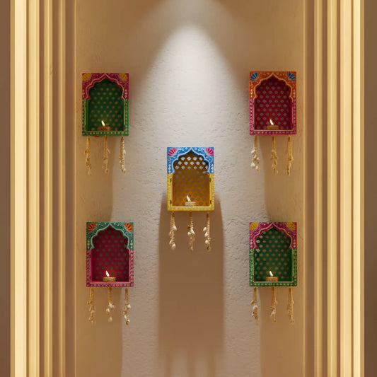Handcrafted Rajasthani jharokha wall hanging set of 5 with diya & pearl latkan. Perfect for home, mandir, Diwali & gifting.