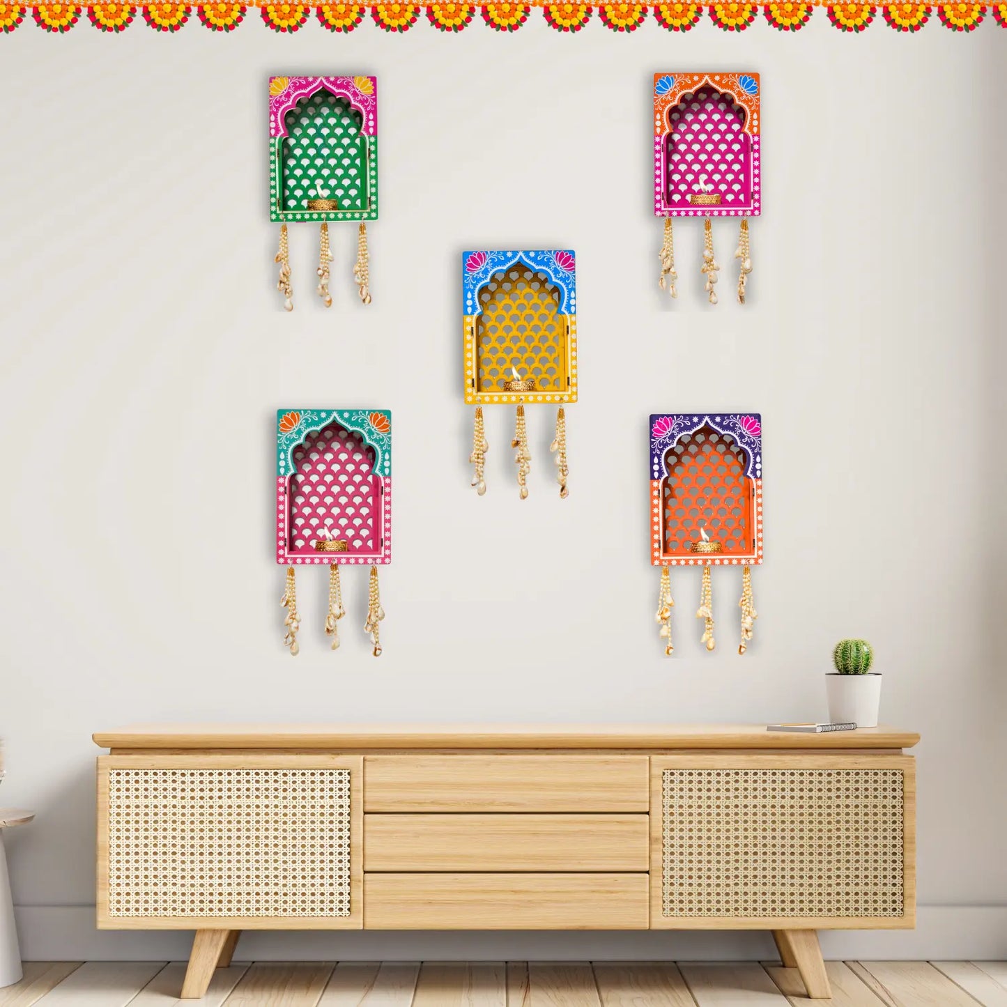 Handcrafted Rajasthani jharokha wall hanging set of 5 with diya & pearl latkan. Perfect for home, mandir, Diwali & gifting.