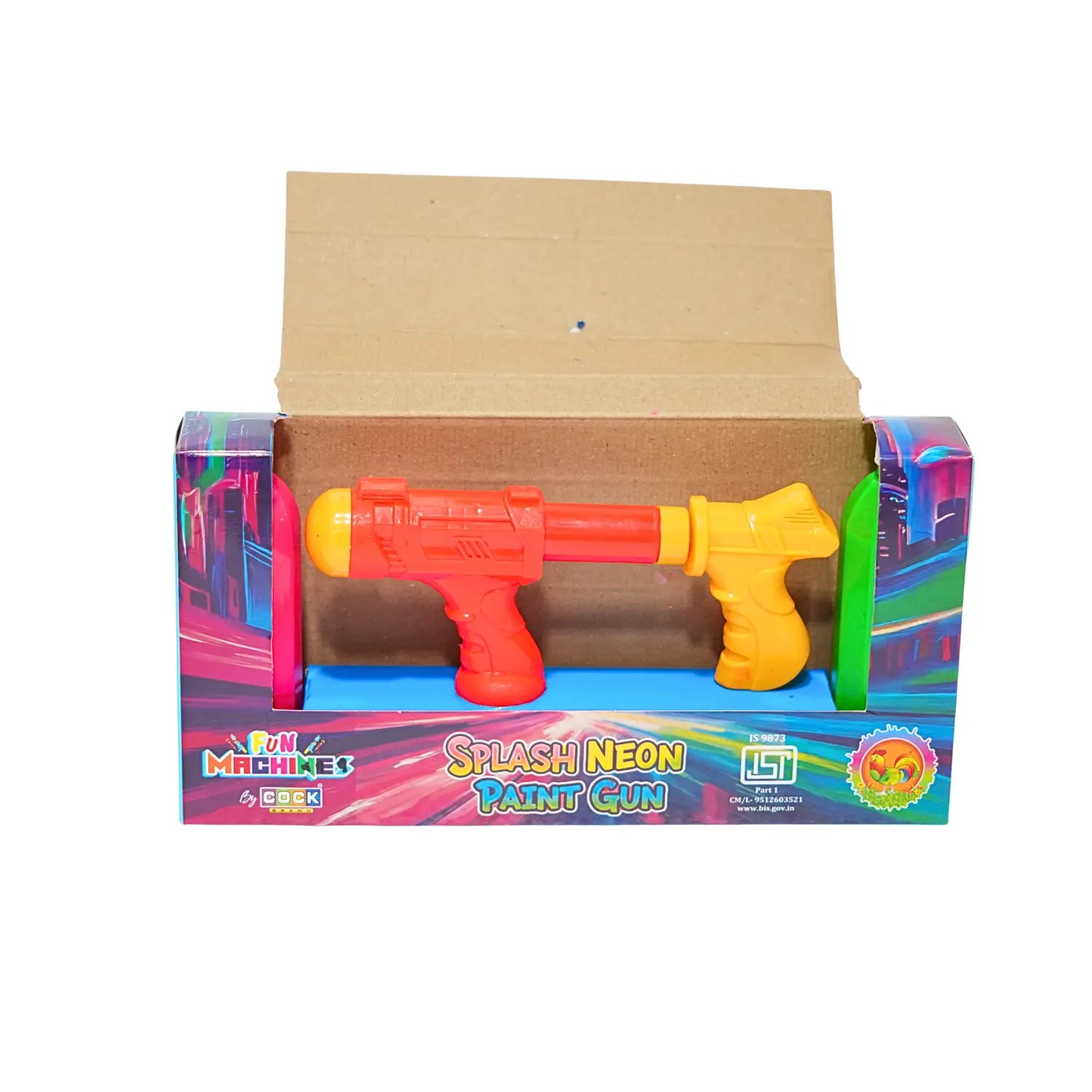 Colorful paint gun in a box with 'Fun Machines' branding on a white background