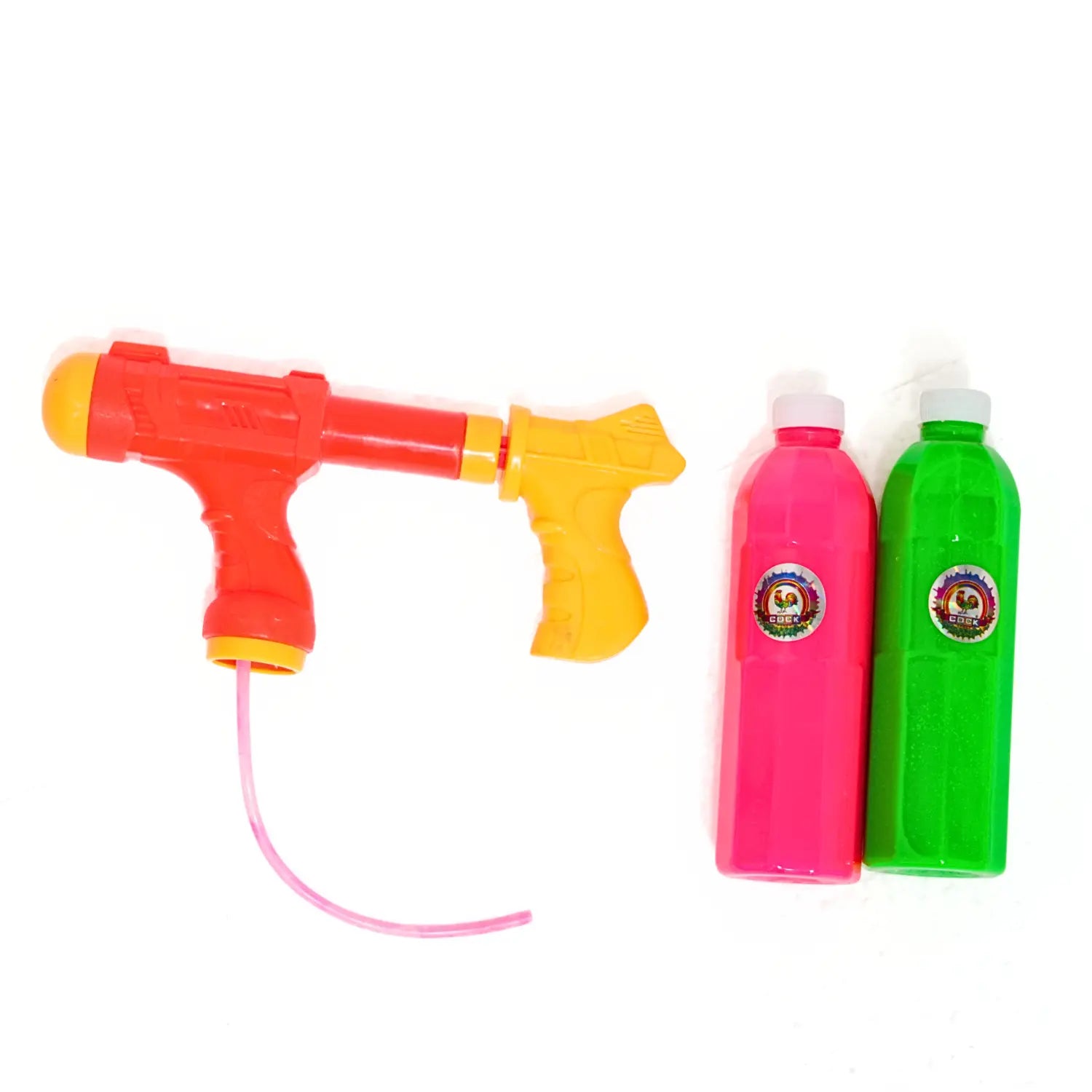Toy water gun with two bottles of water on a white background