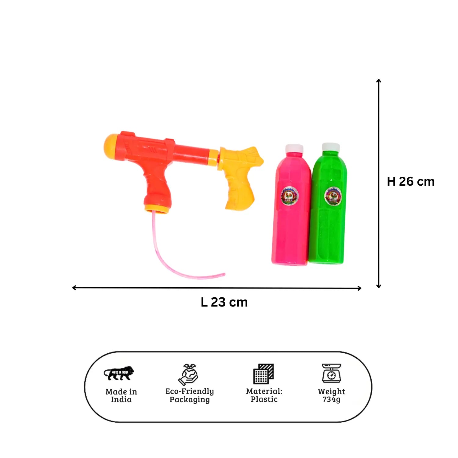 Toy water gun with two bottles and dimensions on a white background