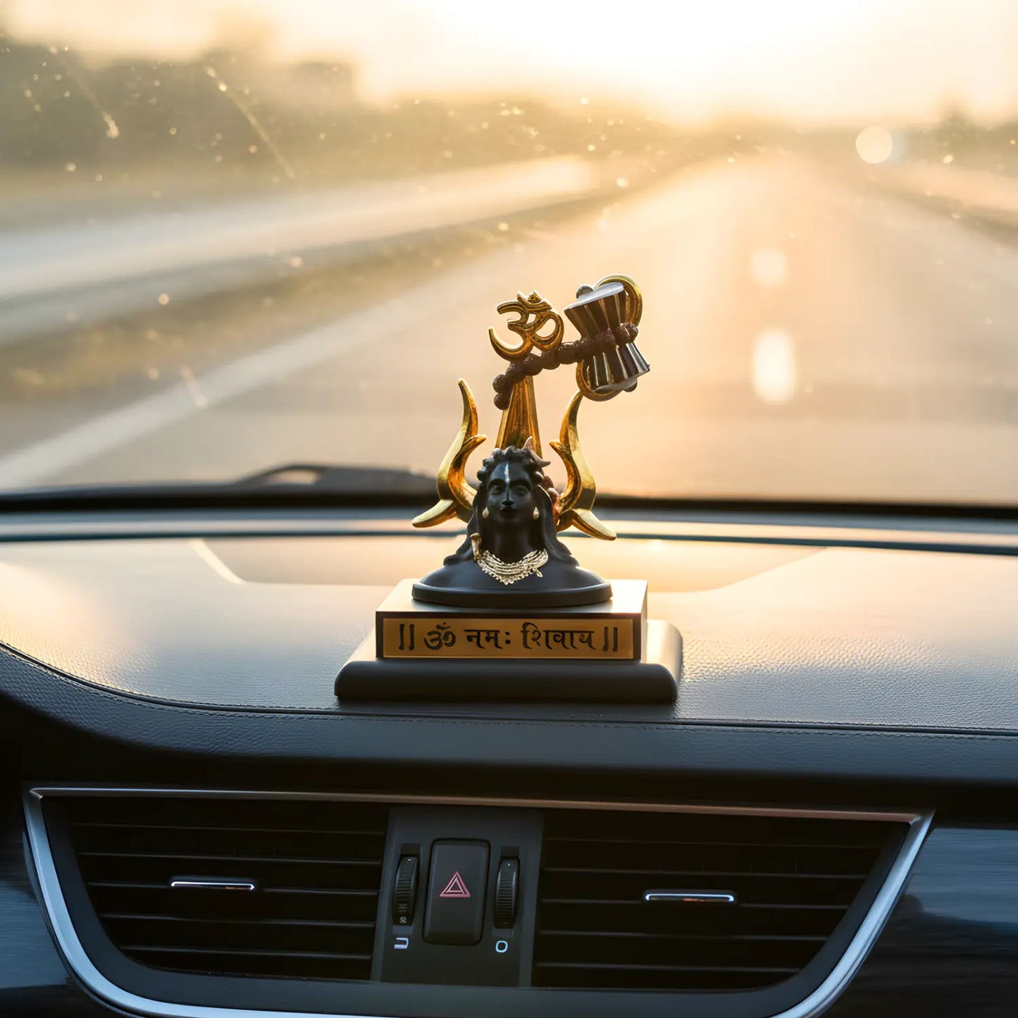Decorative gavel figure on a car dashboard with a blurred road background
