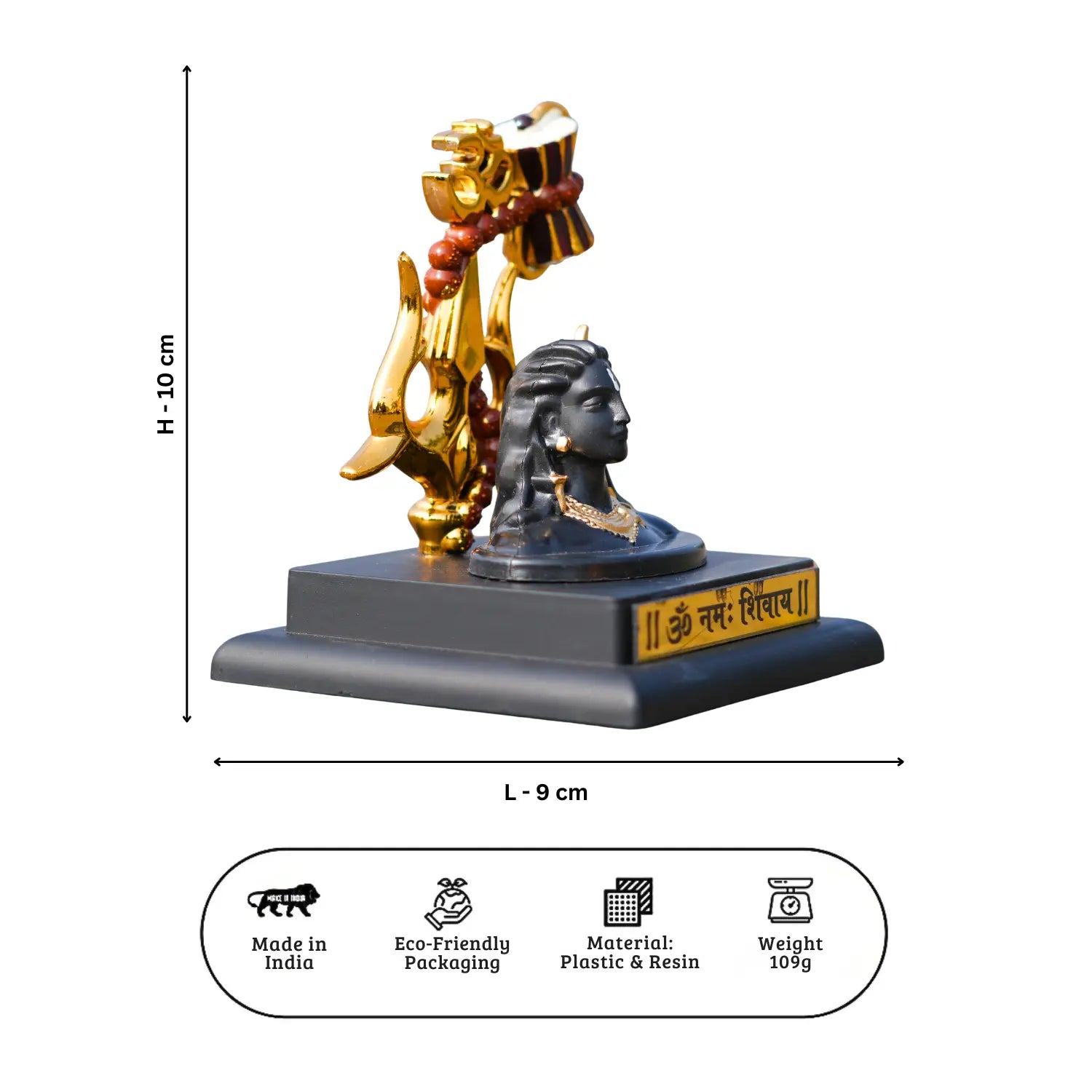 Decorative statue with measurements and product details on a white background