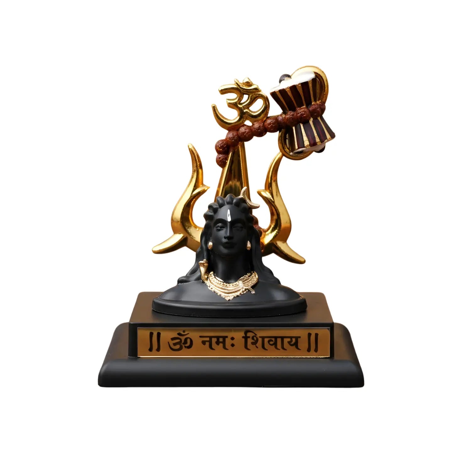 Statue of a deity with a sword and 'Om' symbol on a black base with gold accents.