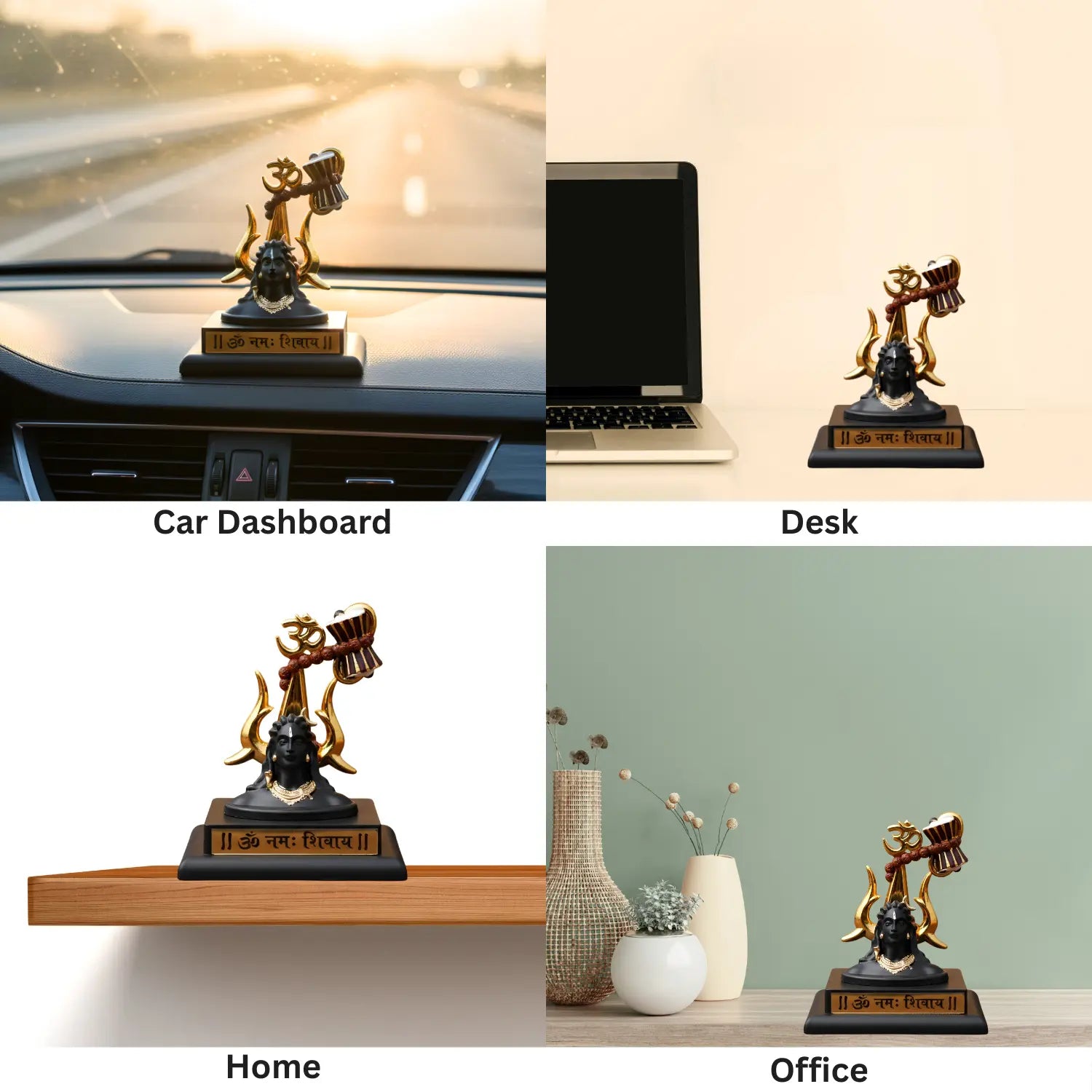 Decorative statue on a car dashboard, desk, home shelf, and office setting.
