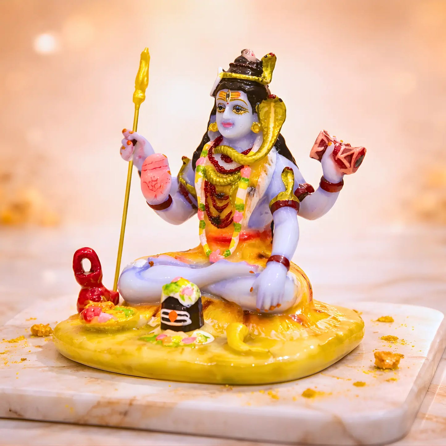 Statue of a seated figure with a spear and offerings on a marble surface