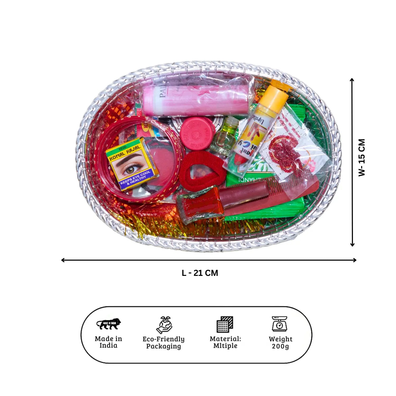 Assorted items in a transparent bowl with dimensions and product details on a white background