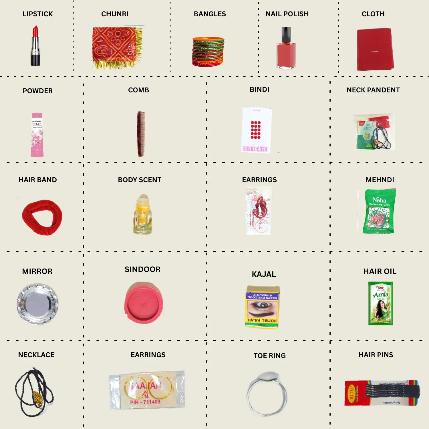 Grid of cosmetic and personal care items with labels on a beige background